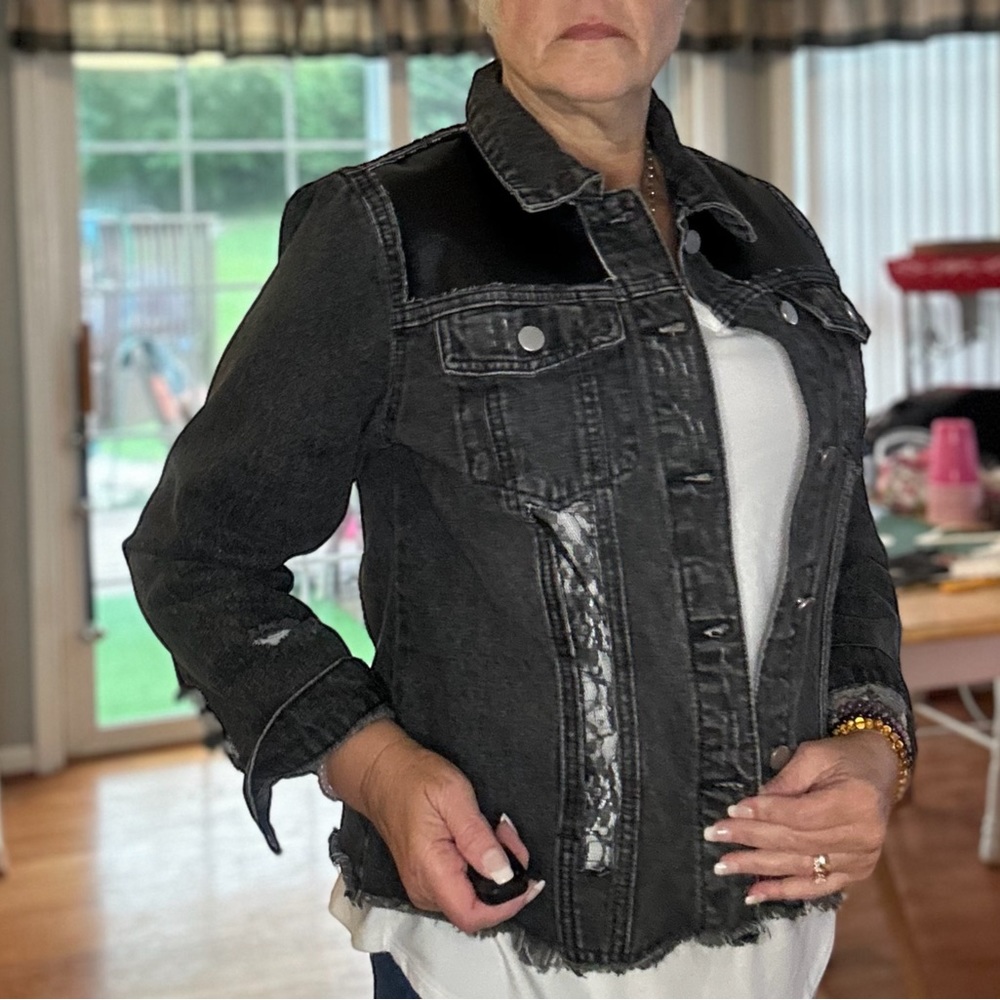 Vegan leather and lace denim jacket